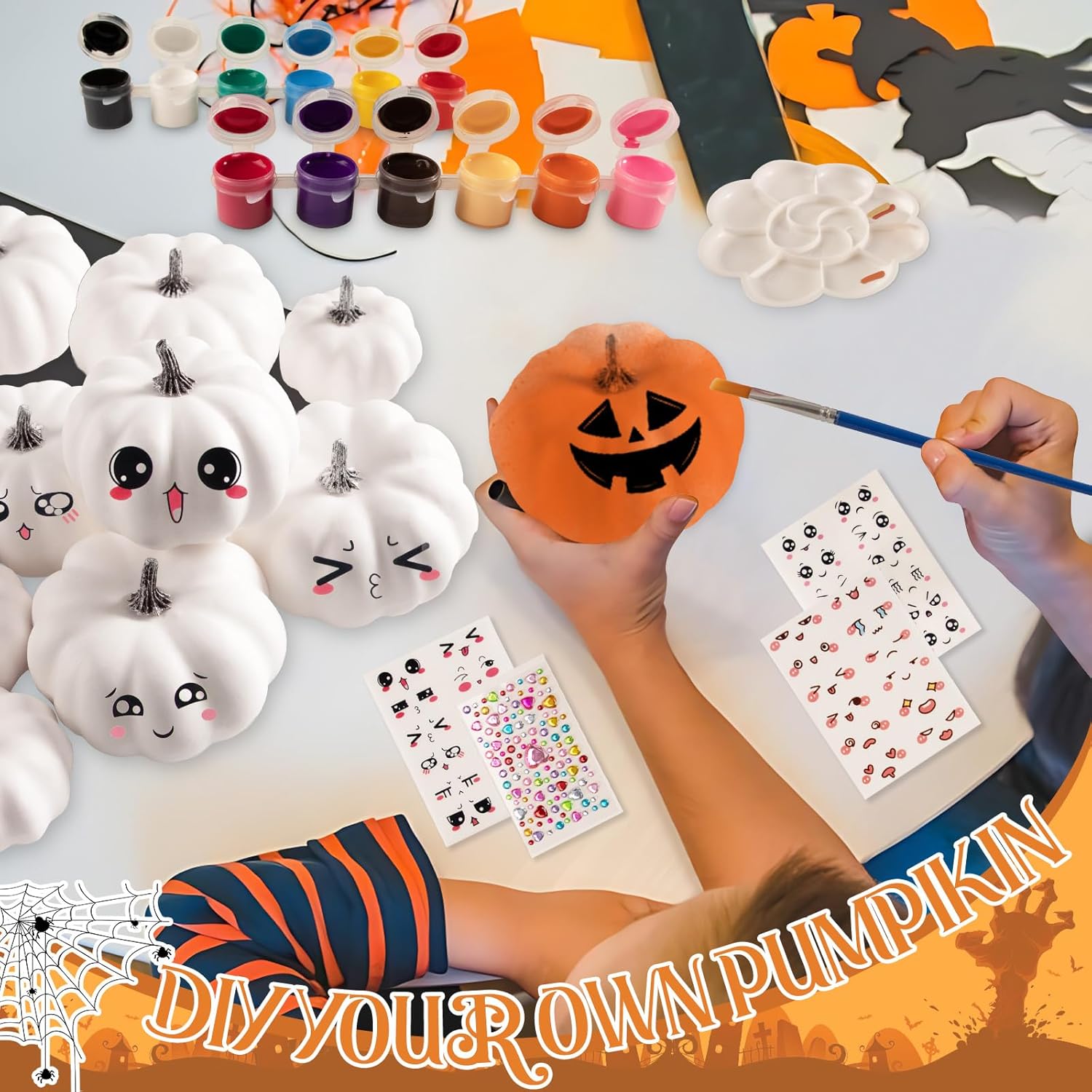 12 Pcs, Foam Fake Pumpkins DIY Painting Kits with Stickers  Halloween Autumn Thanksgiving Decor