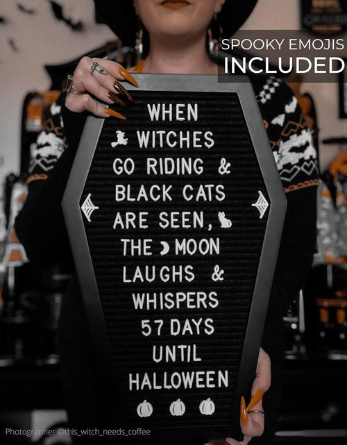 Load image into Gallery viewer, Coffin Letter Board Black +3D Bat Stickers +650 Characters, Spooky &amp; Seasonal Emojis, Wooden Stand - 17x10.5 Inches
