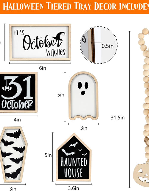 Load image into Gallery viewer, 6 PCS Halloween Tiered Tray Decor | Bat Coffin, Haunted House, Ghost, Witches, October 31 Sign, Bead Garland
