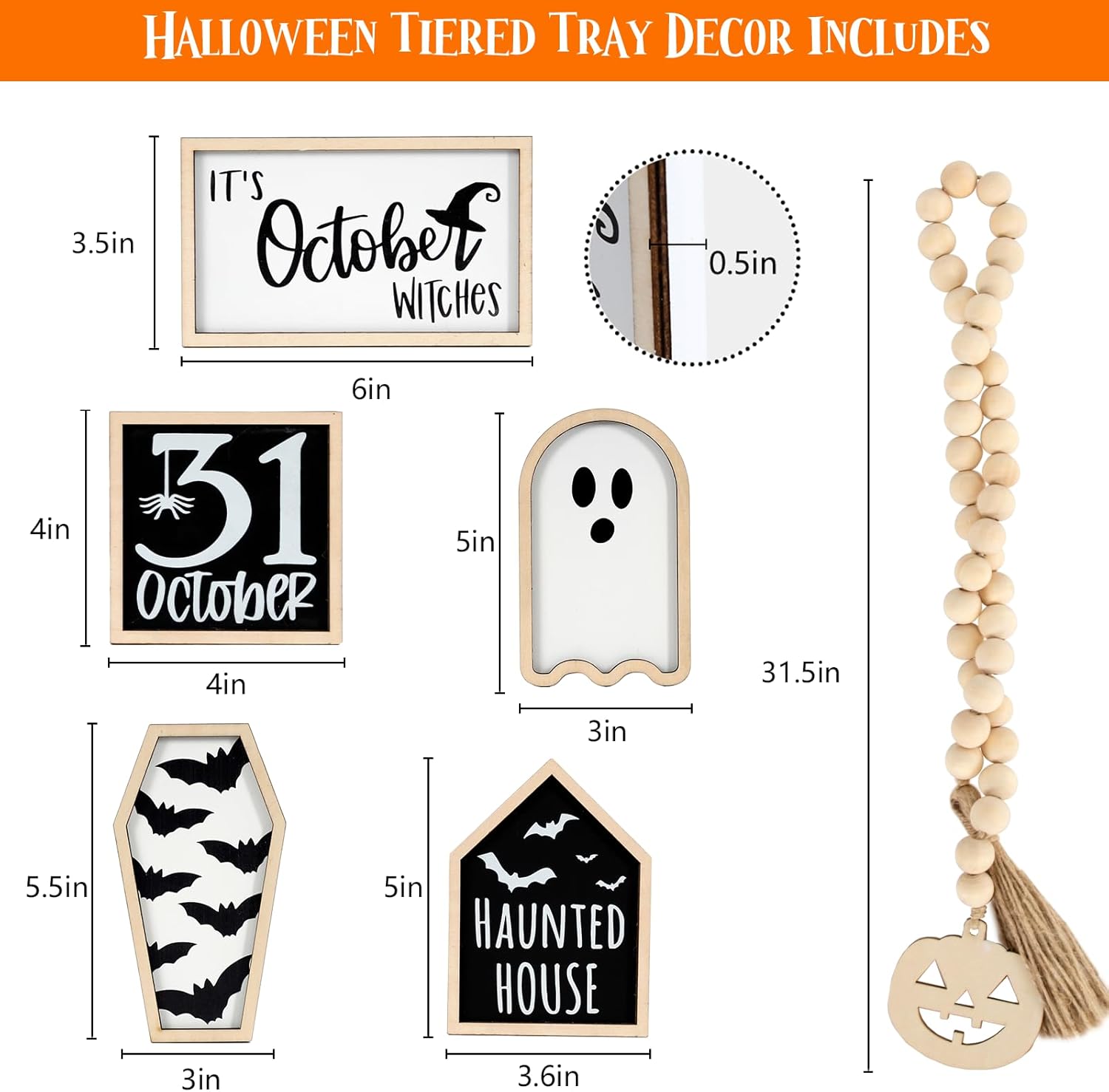 6 PCS Halloween Tiered Tray Decor | Bat Coffin, Haunted House, Ghost, Witches, October 31 Sign, Bead Garland