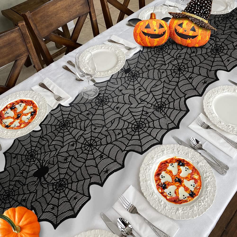 Black Lace Spider Web Table Runners for Halloween Decor/Party 18 x 72Inch