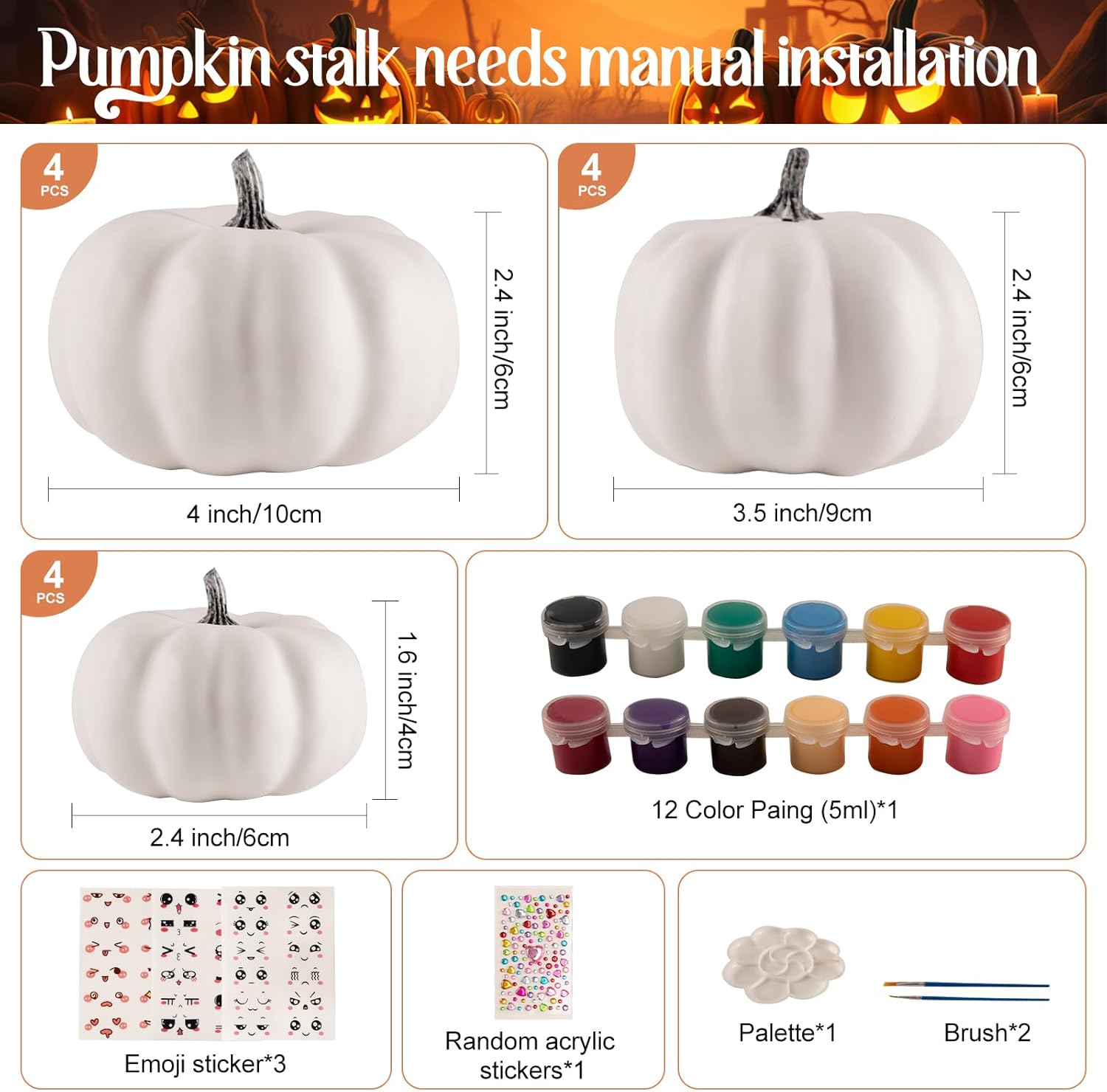 12 Pcs, Foam Fake Pumpkins DIY Painting Kits with Stickers  Halloween Autumn Thanksgiving Decor