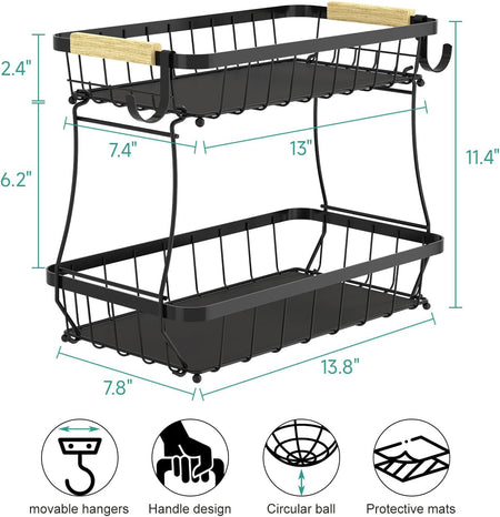 2 Tier Fruit Basket for Kitchen with 2 Banana Hangers