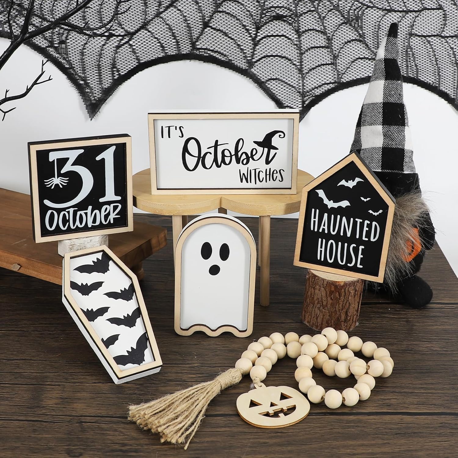 6 PCS Halloween Tiered Tray Decor | Bat Coffin, Haunted House, Ghost, Witches, October 31 Sign, Bead Garland