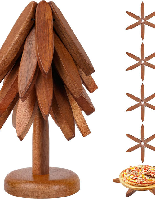 Load image into Gallery viewer, Set of 4 Heat-Resistant Coasters with Stand, Decorative Wooden Trivet Tree
