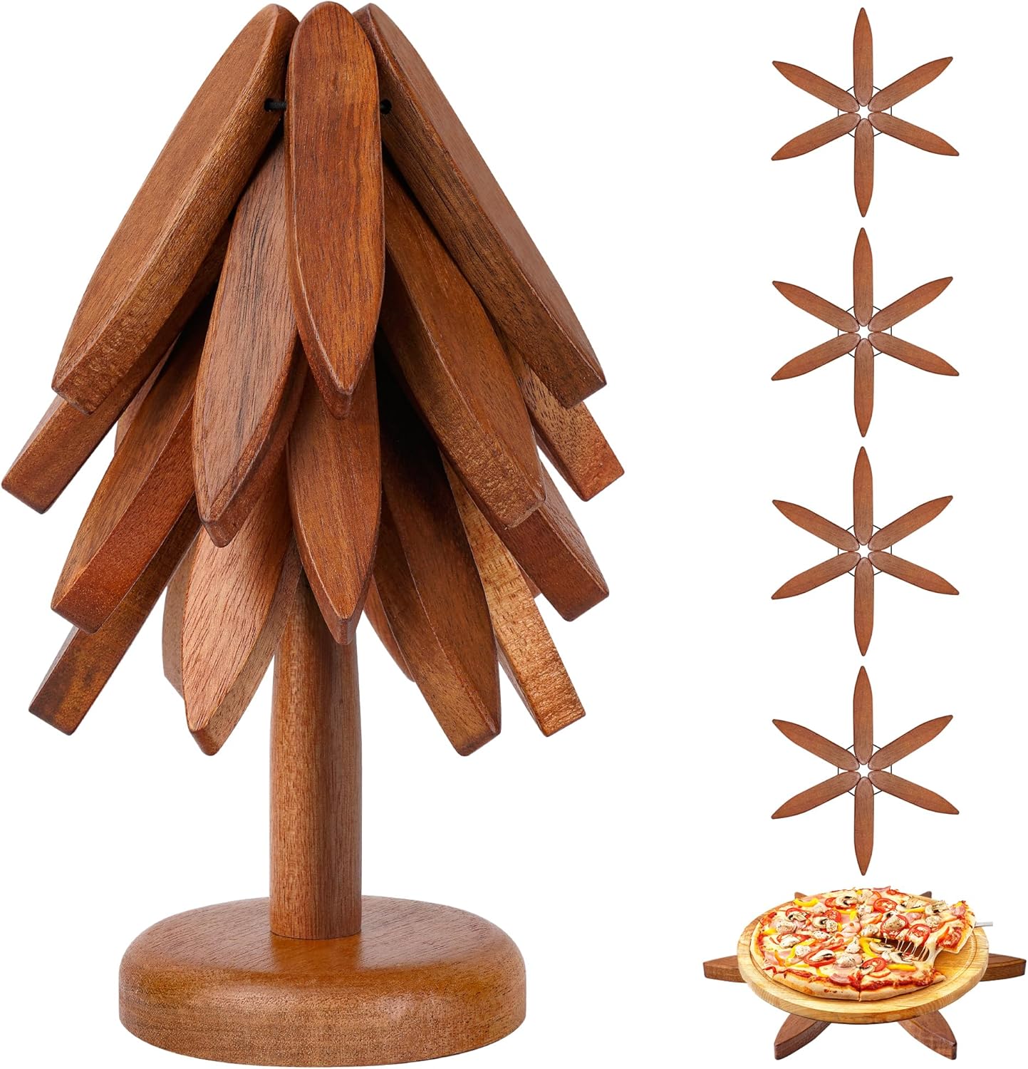 Set of 4 Heat-Resistant Coasters with Stand, Decorative Wooden Trivet Tree