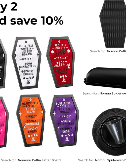 Load image into Gallery viewer, Coffin Letter Board Black +3D Bat Stickers +650 Characters, Spooky &amp; Seasonal Emojis, Wooden Stand - 17x10.5 Inches
