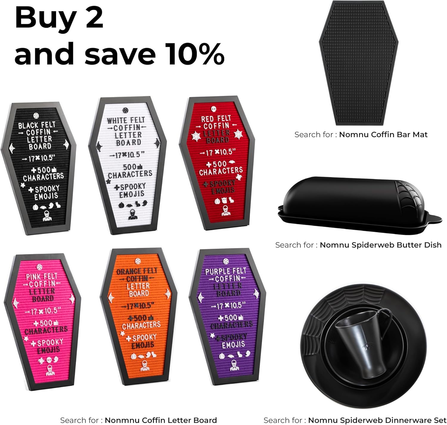 Coffin Letter Board Black +3D Bat Stickers +650 Characters, Spooky & Seasonal Emojis, Wooden Stand - 17x10.5 Inches