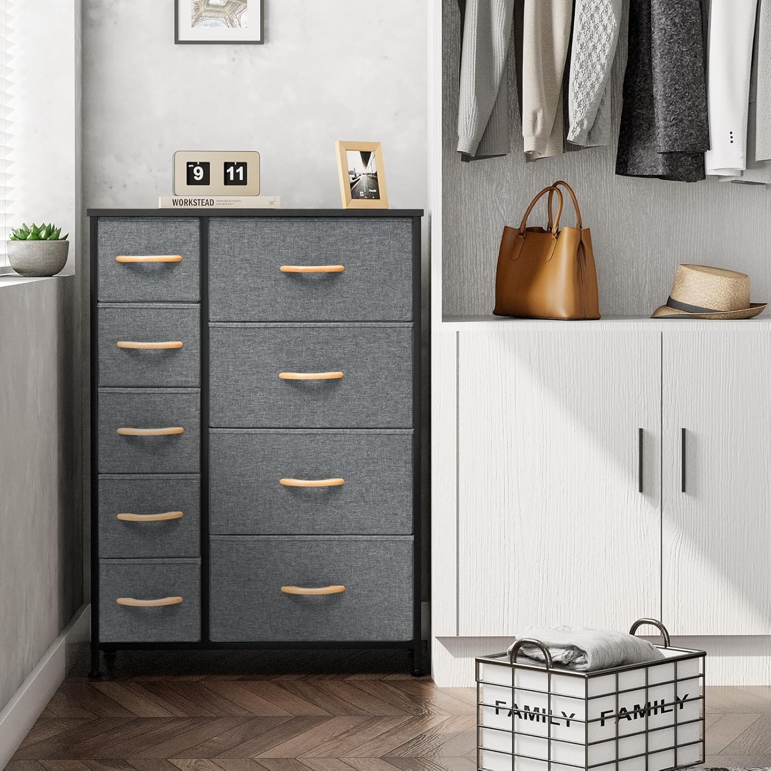 Dresser for Bedroom, Tall Dresser Vertical Storage Tower Organizer Unit for Closets, Hallway, Entryway- 9 Drawers (Gray)