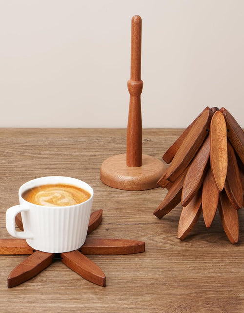 Load image into Gallery viewer, Set of 4 Heat-Resistant Coasters with Stand, Decorative Wooden Trivet Tree
