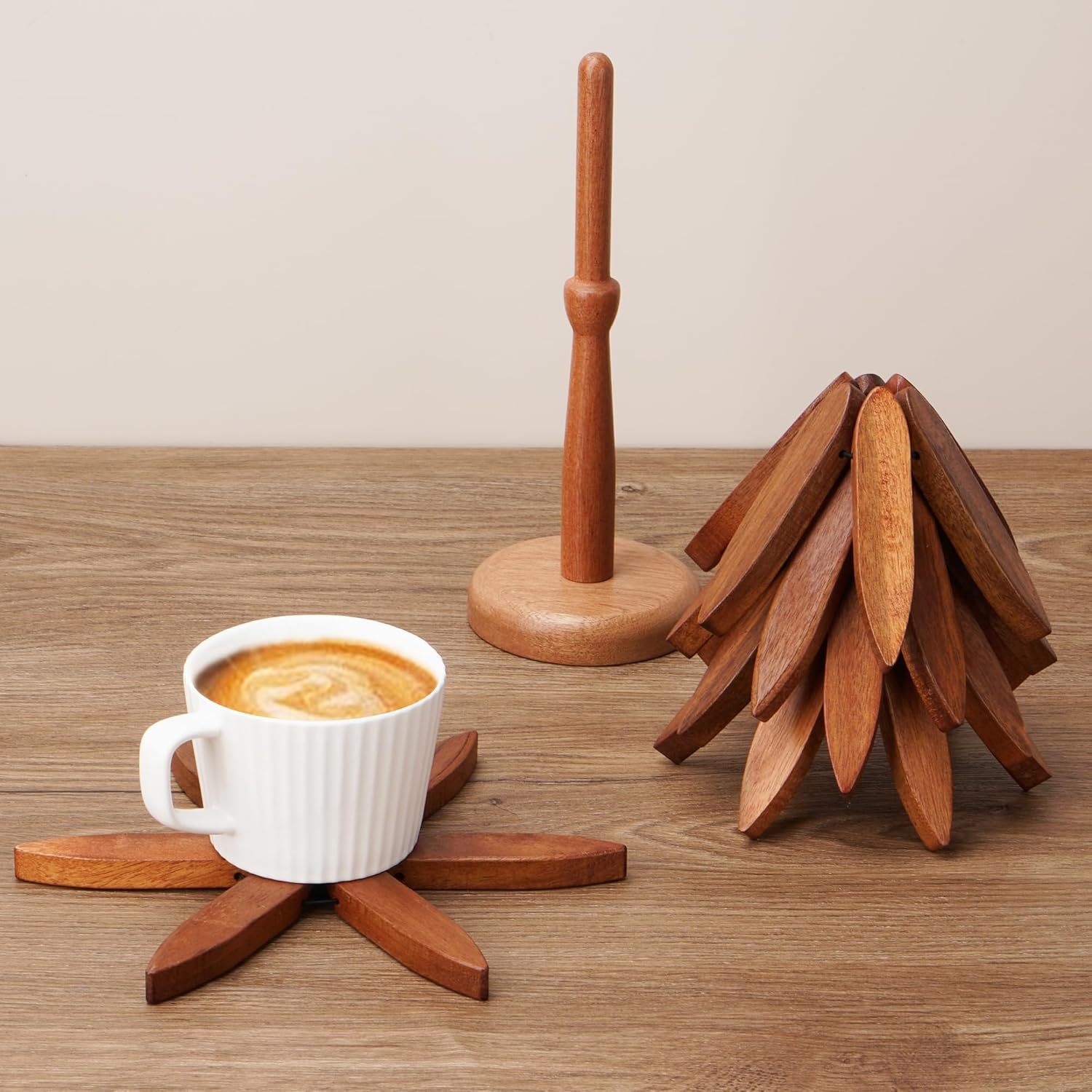Set of 4 Heat-Resistant Coasters with Stand, Decorative Wooden Trivet Tree