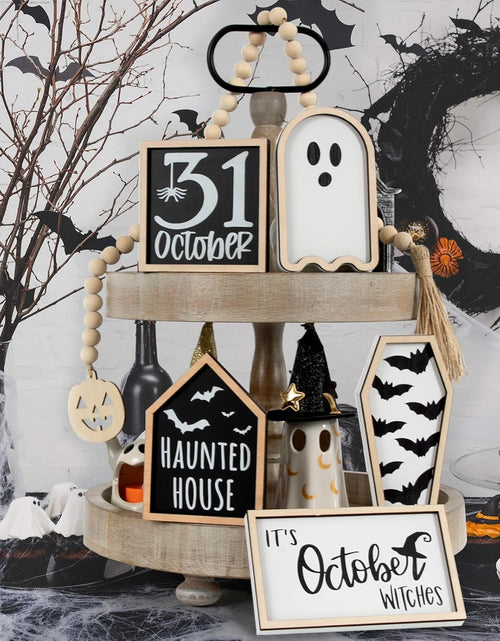 Load image into Gallery viewer, 6 PCS Halloween Tiered Tray Decor | Bat Coffin, Haunted House, Ghost, Witches, October 31 Sign, Bead Garland
