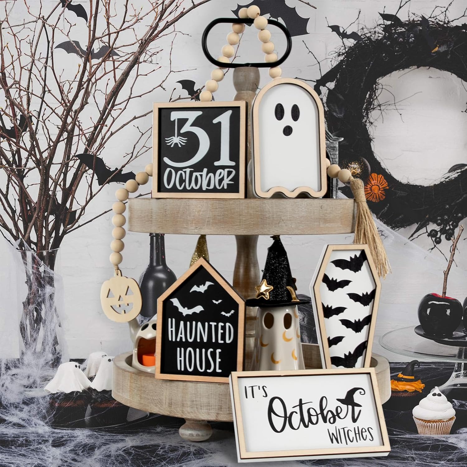 6 PCS Halloween Tiered Tray Decor | Bat Coffin, Haunted House, Ghost, Witches, October 31 Sign, Bead Garland