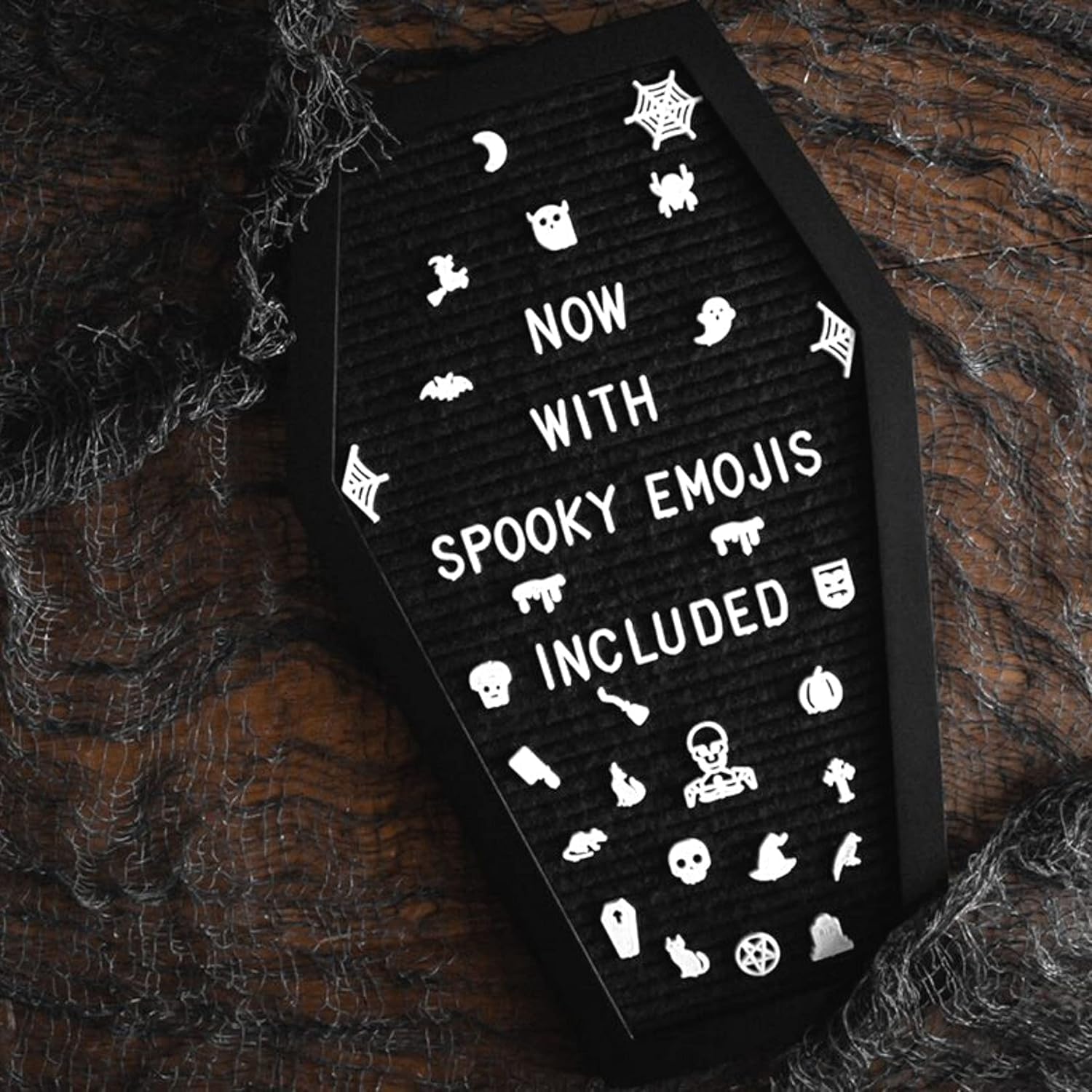 Coffin Letter Board Black +3D Bat Stickers +650 Characters, Spooky & Seasonal Emojis, Wooden Stand - 17x10.5 Inches