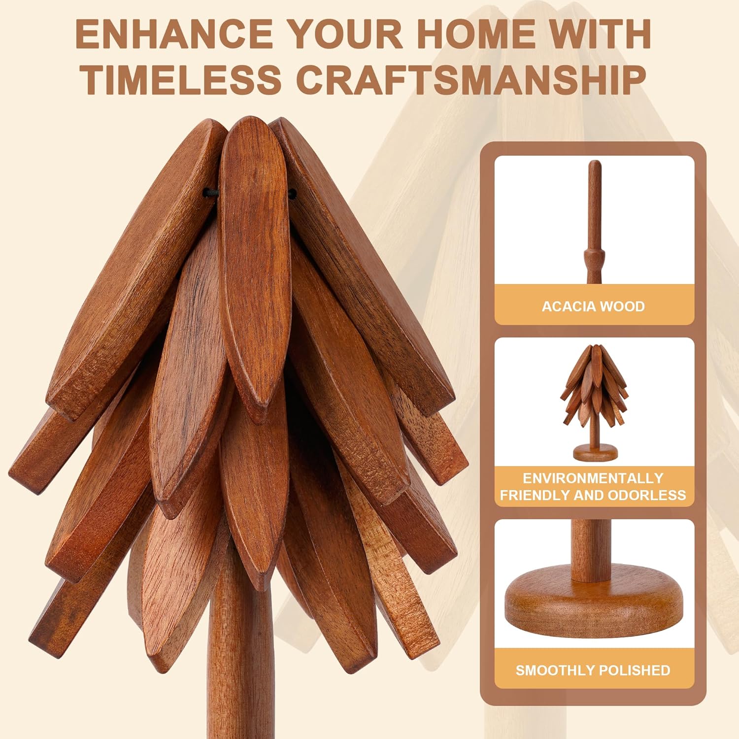 Set of 4 Heat-Resistant Coasters with Stand, Decorative Wooden Trivet Tree
