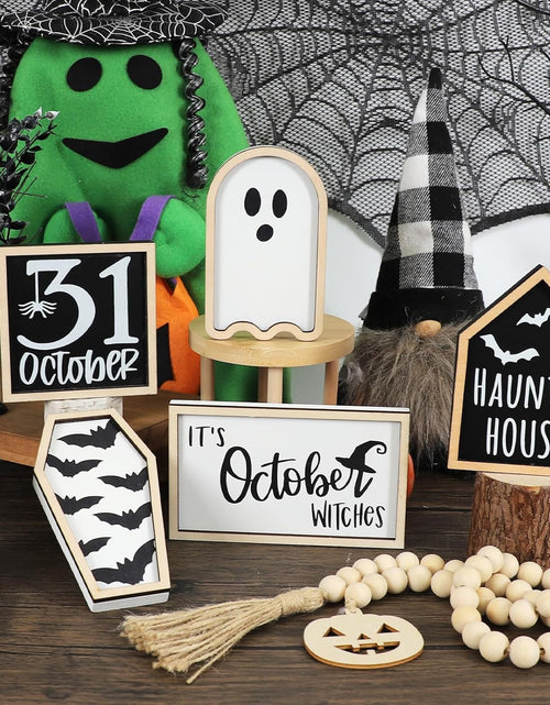Load image into Gallery viewer, 6 PCS Halloween Tiered Tray Decor | Bat Coffin, Haunted House, Ghost, Witches, October 31 Sign, Bead Garland

