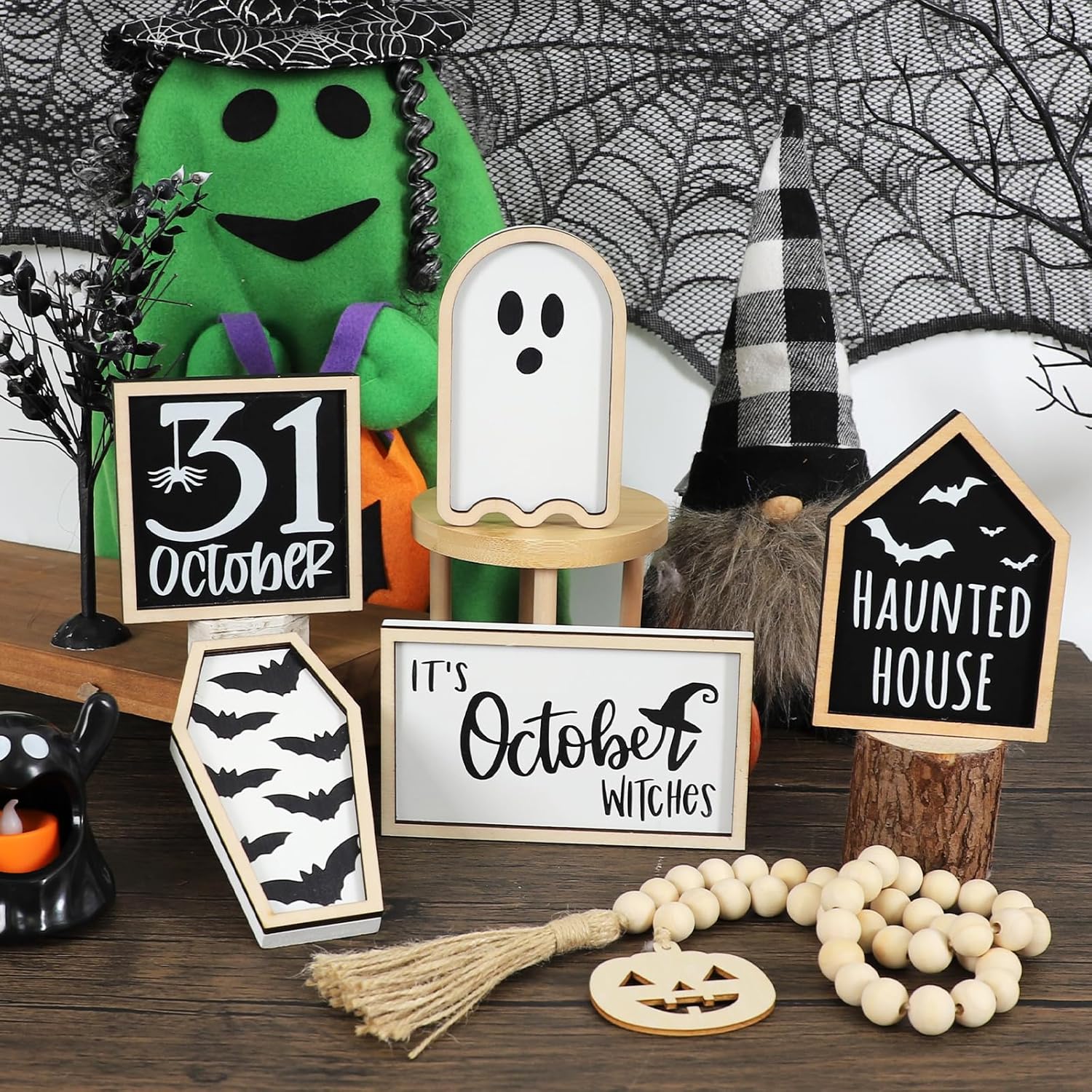 6 PCS Halloween Tiered Tray Decor | Bat Coffin, Haunted House, Ghost, Witches, October 31 Sign, Bead Garland