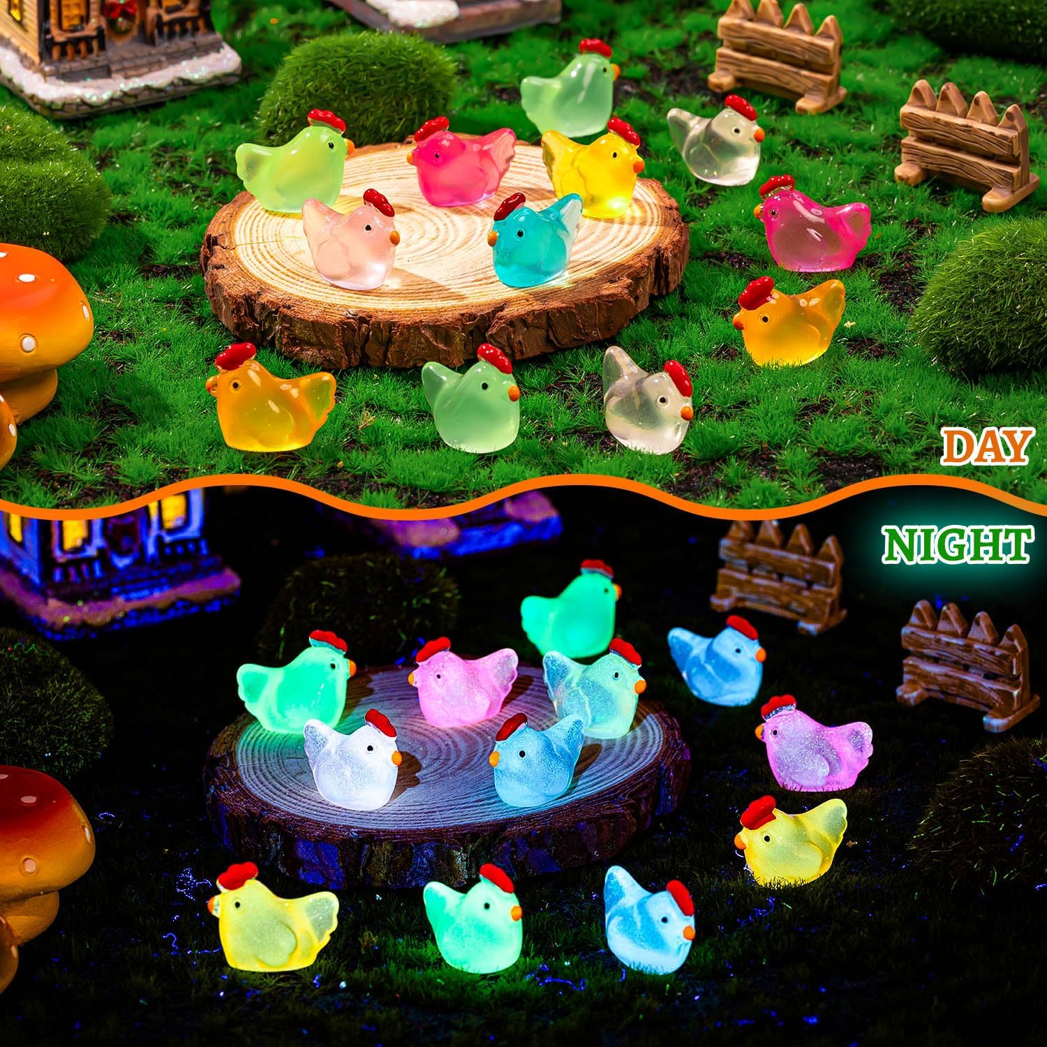 64PCS Luminous Mini Chicken Figurines Resin Miniature Animals