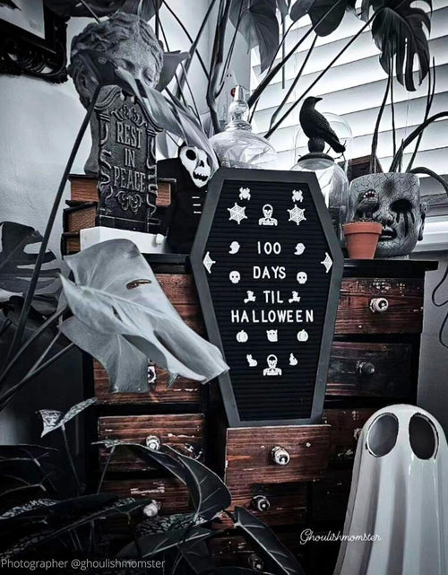 Load image into Gallery viewer, Coffin Letter Board Black +3D Bat Stickers +650 Characters, Spooky &amp; Seasonal Emojis, Wooden Stand - 17x10.5 Inches
