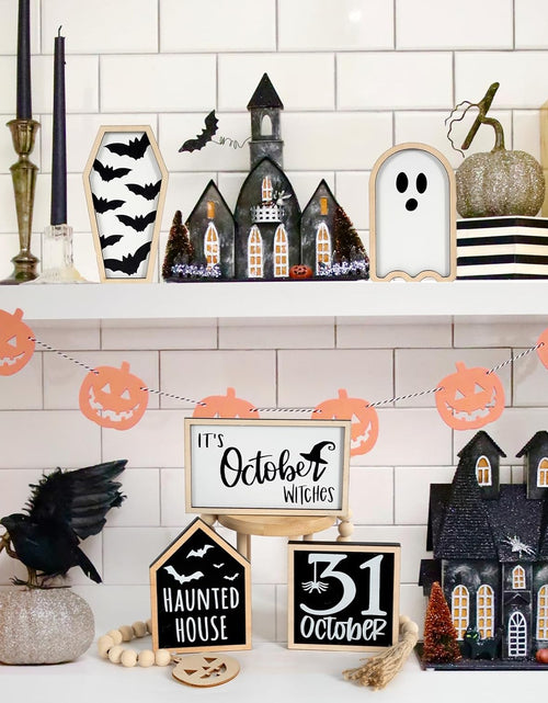 Load image into Gallery viewer, 6 PCS Halloween Tiered Tray Decor | Bat Coffin, Haunted House, Ghost, Witches, October 31 Sign, Bead Garland
