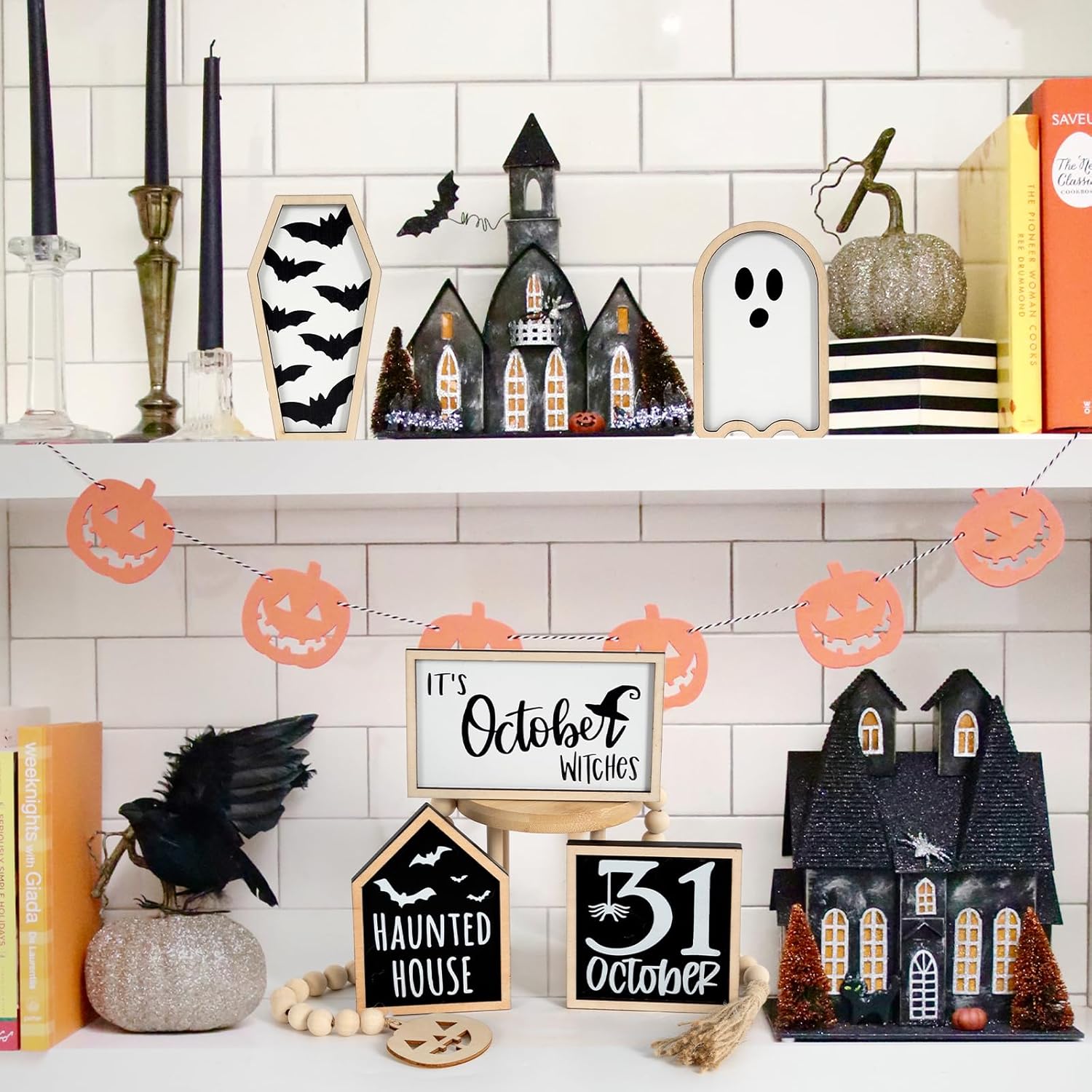 6 PCS Halloween Tiered Tray Decor | Bat Coffin, Haunted House, Ghost, Witches, October 31 Sign, Bead Garland