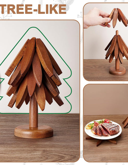 Load image into Gallery viewer, Set of 4 Heat-Resistant Coasters with Stand, Decorative Wooden Trivet Tree
