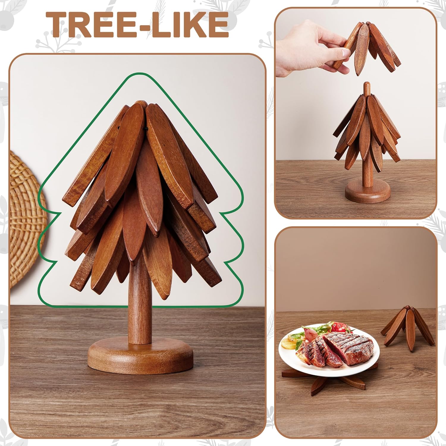 Set of 4 Heat-Resistant Coasters with Stand, Decorative Wooden Trivet Tree