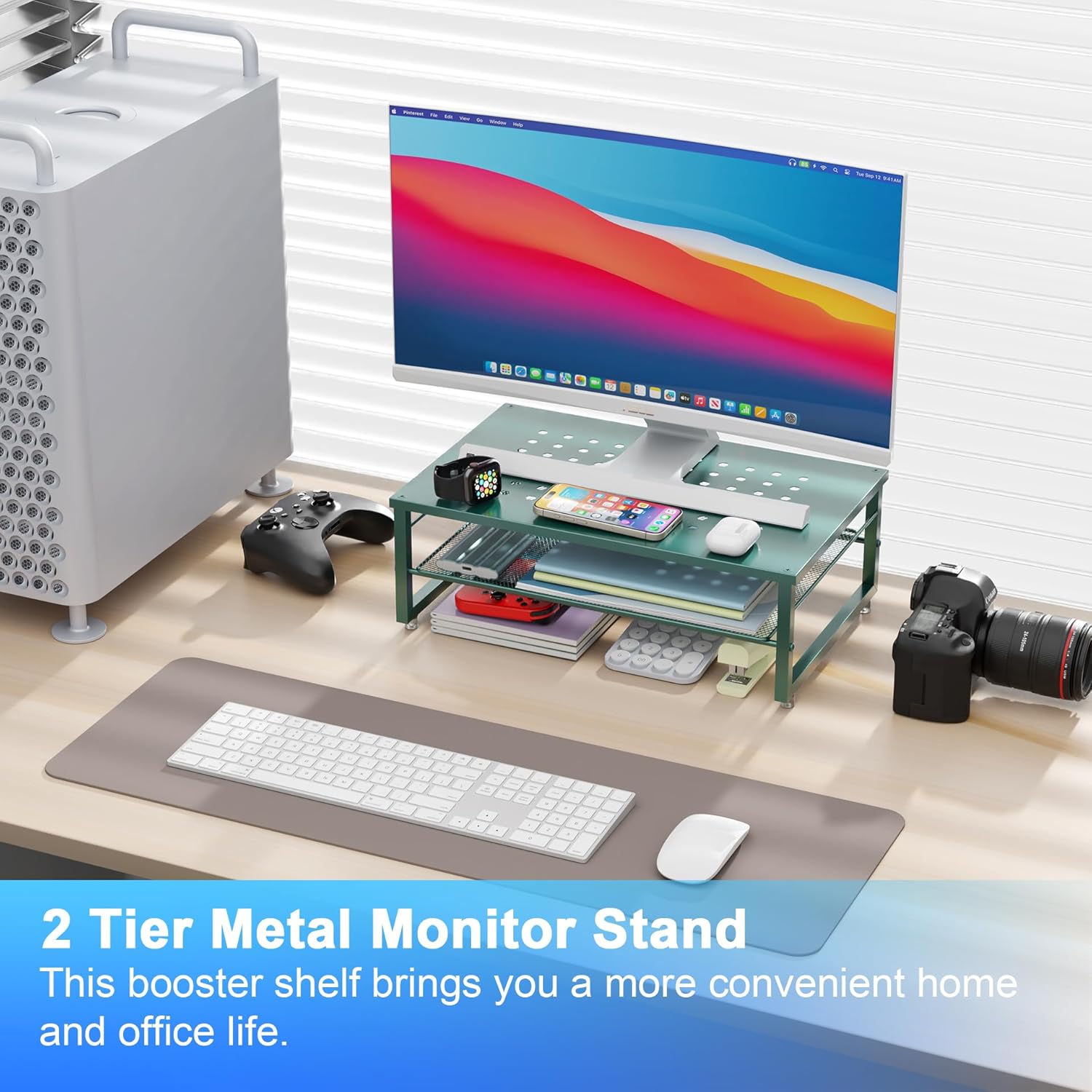 2-Tier Metal Monitor Stand Riser, Desk Organizer for Office Supplies