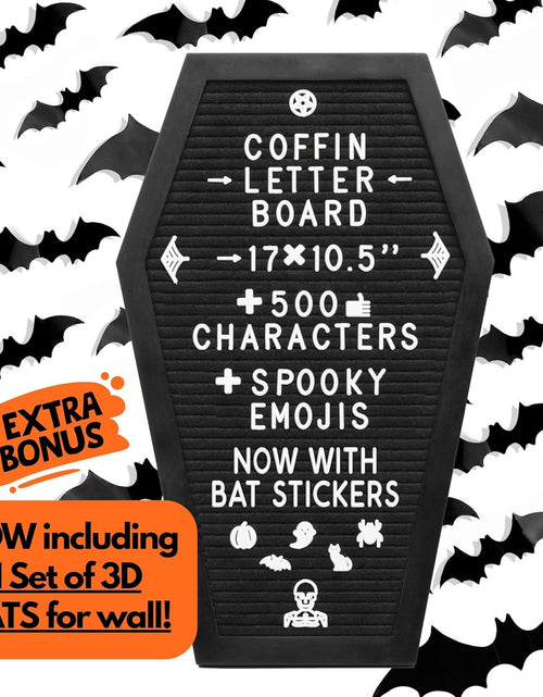 Load image into Gallery viewer, Coffin Letter Board Black +3D Bat Stickers +650 Characters, Spooky &amp; Seasonal Emojis, Wooden Stand - 17x10.5 Inches
