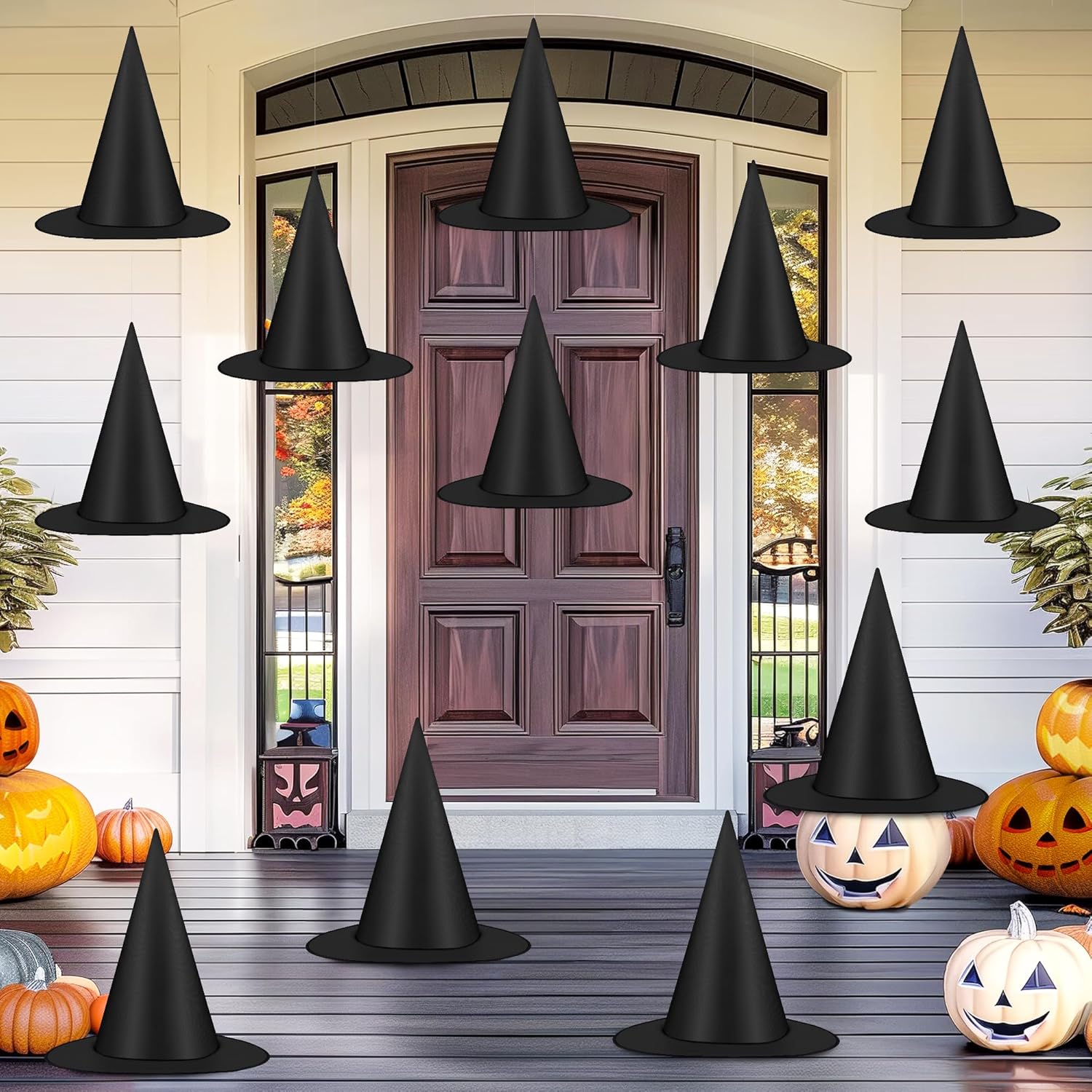 12 PCS Halloween Witch Hats, Black Hanging Witch Hat with 328 FT Nylon Cord