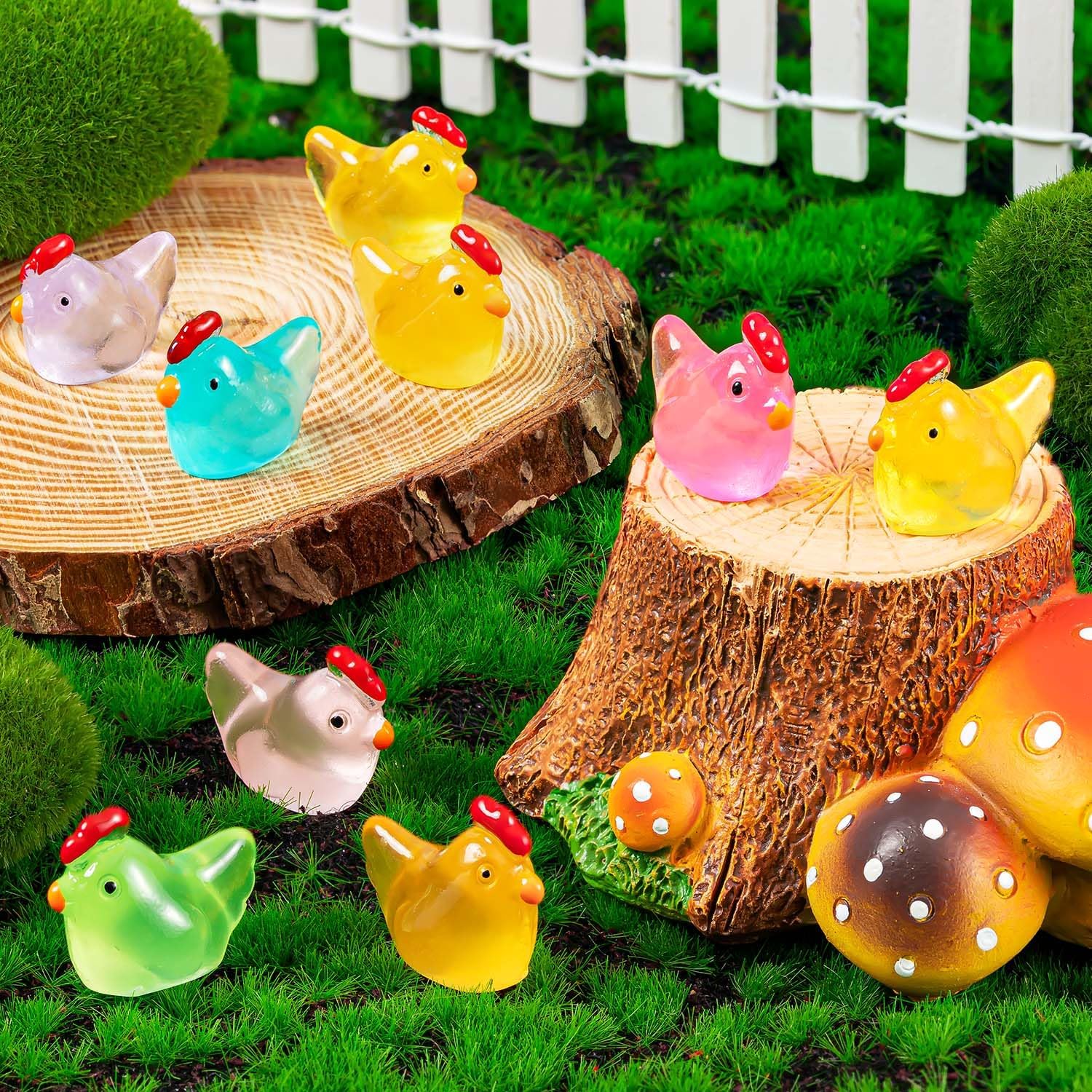 64PCS Luminous Mini Chicken Figurines Resin Miniature Animals