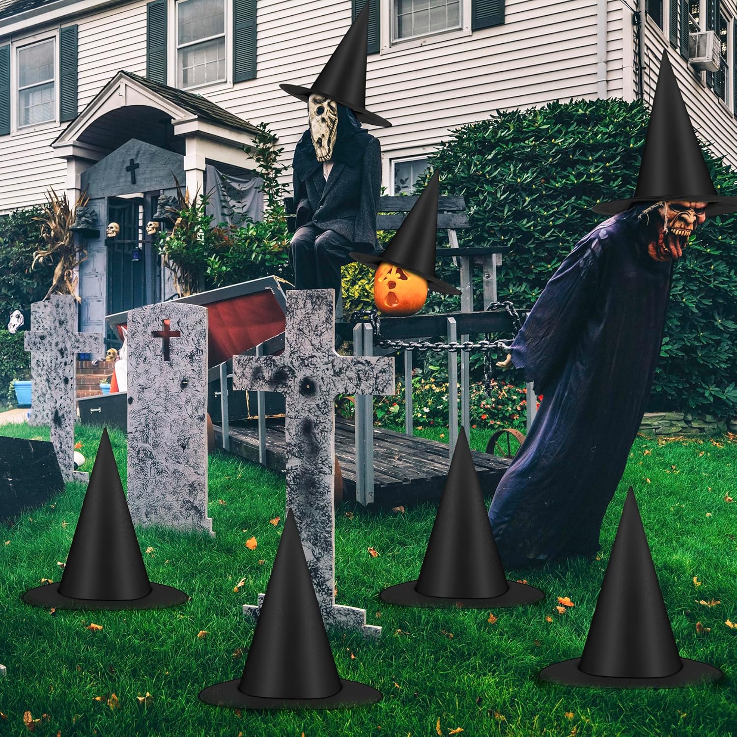 12 PCS Halloween Witch Hats, Black Hanging Witch Hat with 328 FT Nylon Cord