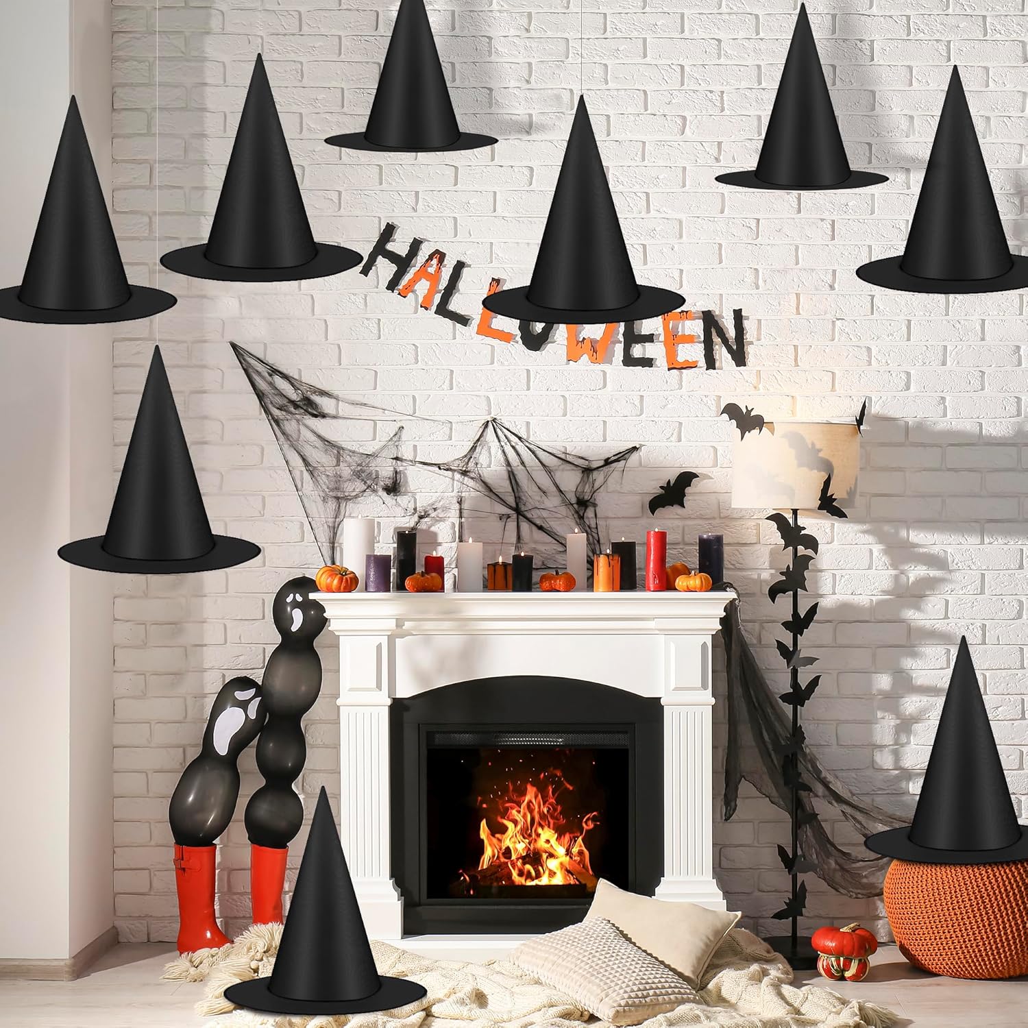 12 PCS Halloween Witch Hats, Black Hanging Witch Hat with 328 FT Nylon Cord