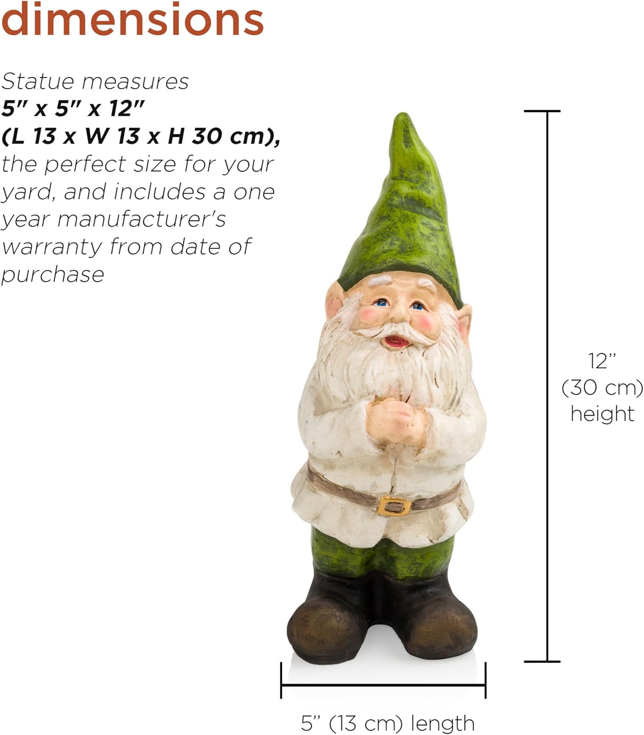 12" Tall Outdoor Garden Gnome Folding Hands Yard Statue Decoration