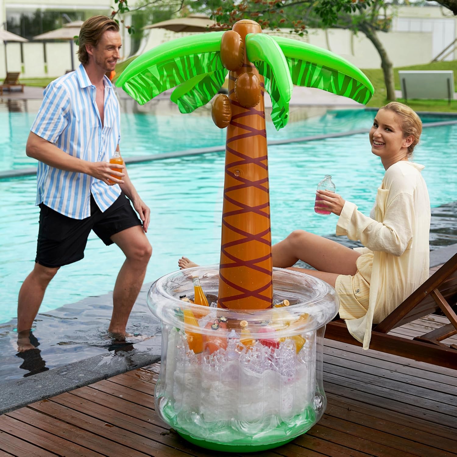 60" Inflatable Palm Tree Cooler, Beach Theme Ocean Jungle Tropical Themed Summer Outdoor Drink Cooler