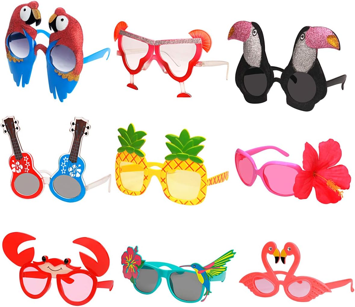 9 Pairs Funny Hawaiian Glasses, Tropical Fancy Dress Props, Fun Summer