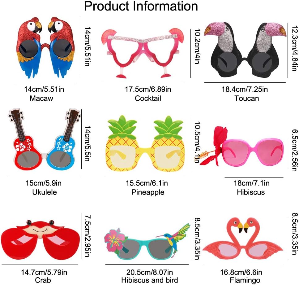 9 Pairs Funny Hawaiian Glasses, Tropical Fancy Dress Props, Fun Summer