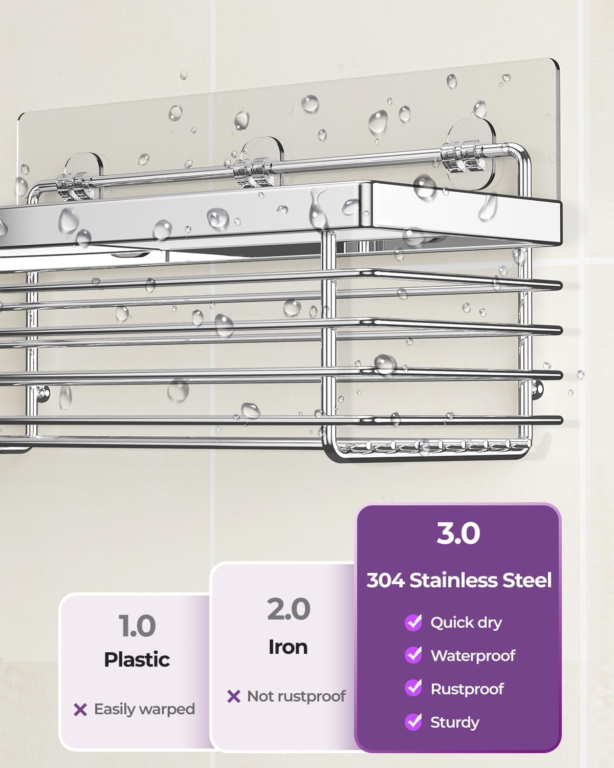 3 Pack SUS304 Stainless Steel-No Drilling-Shower Bathroom Shelves Rack