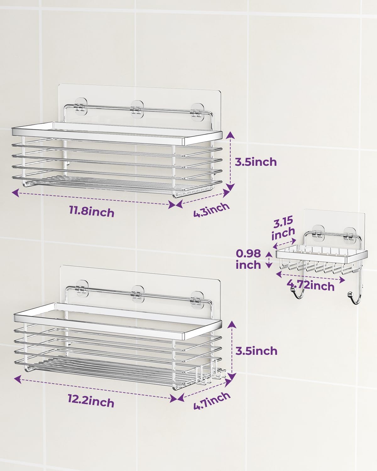 3 Pack SUS304 Stainless Steel-No Drilling-Shower Bathroom Shelves Rack