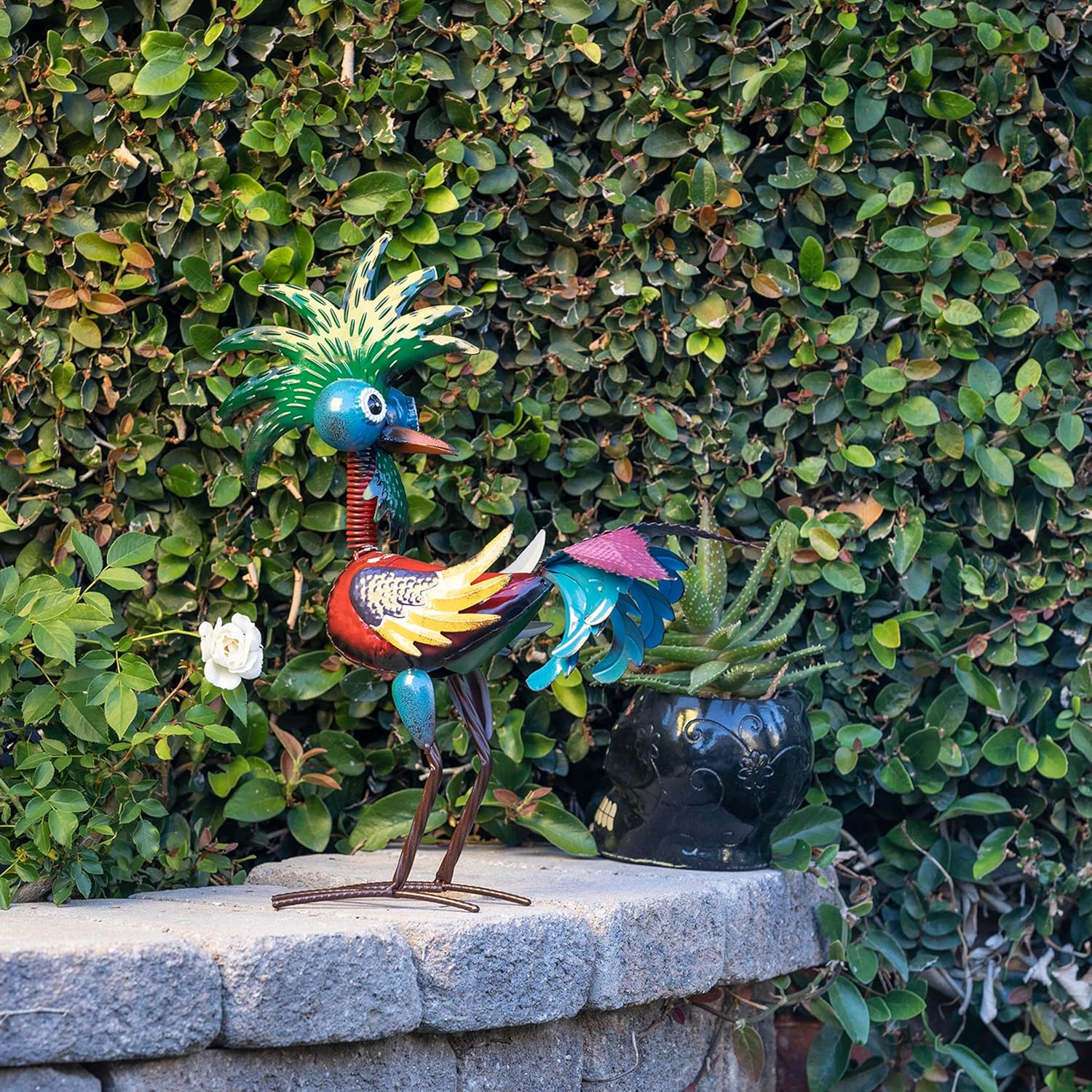 19" Tall Wild Tropical Metal Rooster Yard Statue outdoor garden decoration