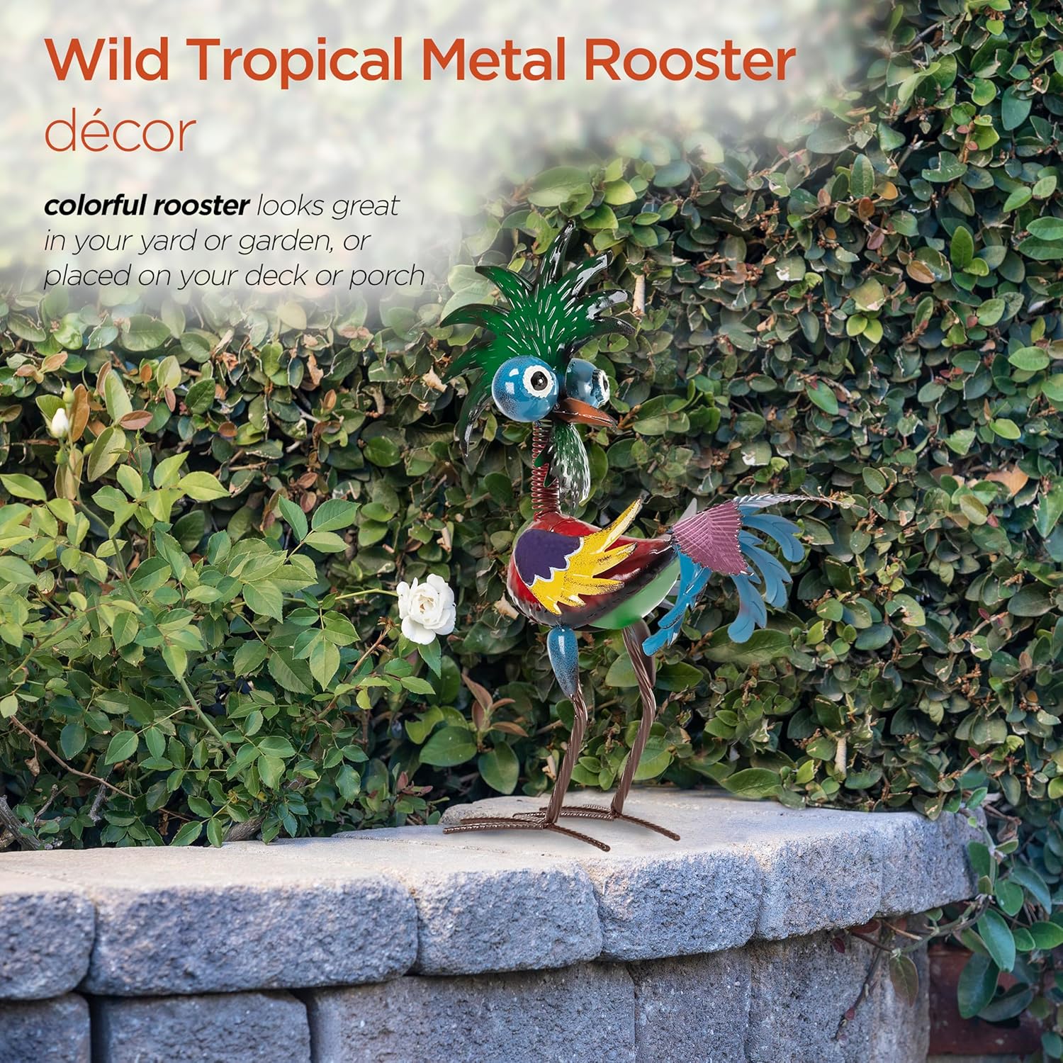 19" Tall Wild Tropical Metal Rooster Yard Statue outdoor garden decoration