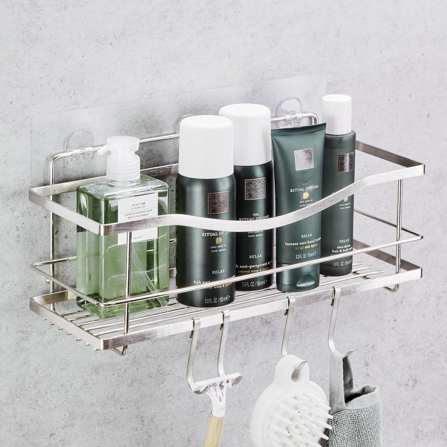 Shower Caddy - Self Adhesive Shower Organizer w/ 4 Hooks Rack for Bathroom, Shower Accessories