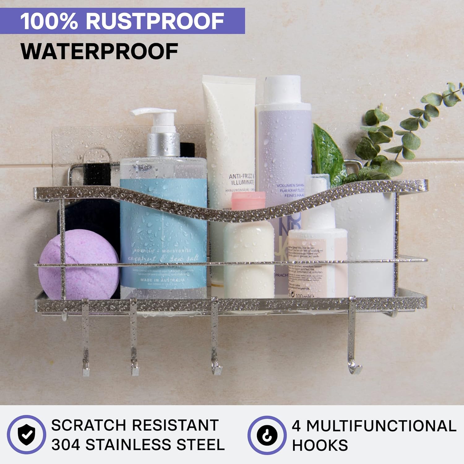 Shower Caddy - Self Adhesive Shower Organizer w/ 4 Hooks Rack for Bathroom, Shower Accessories