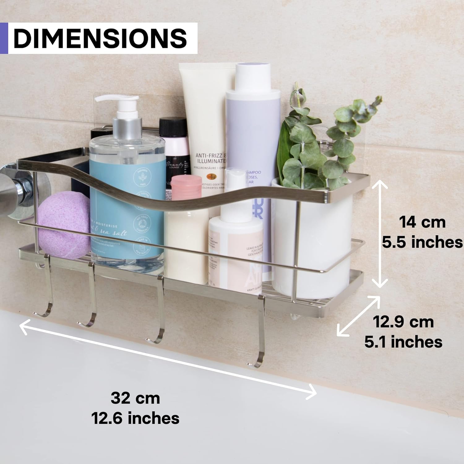 Shower Caddy - Self Adhesive Shower Organizer w/ 4 Hooks Rack for Bathroom, Shower Accessories