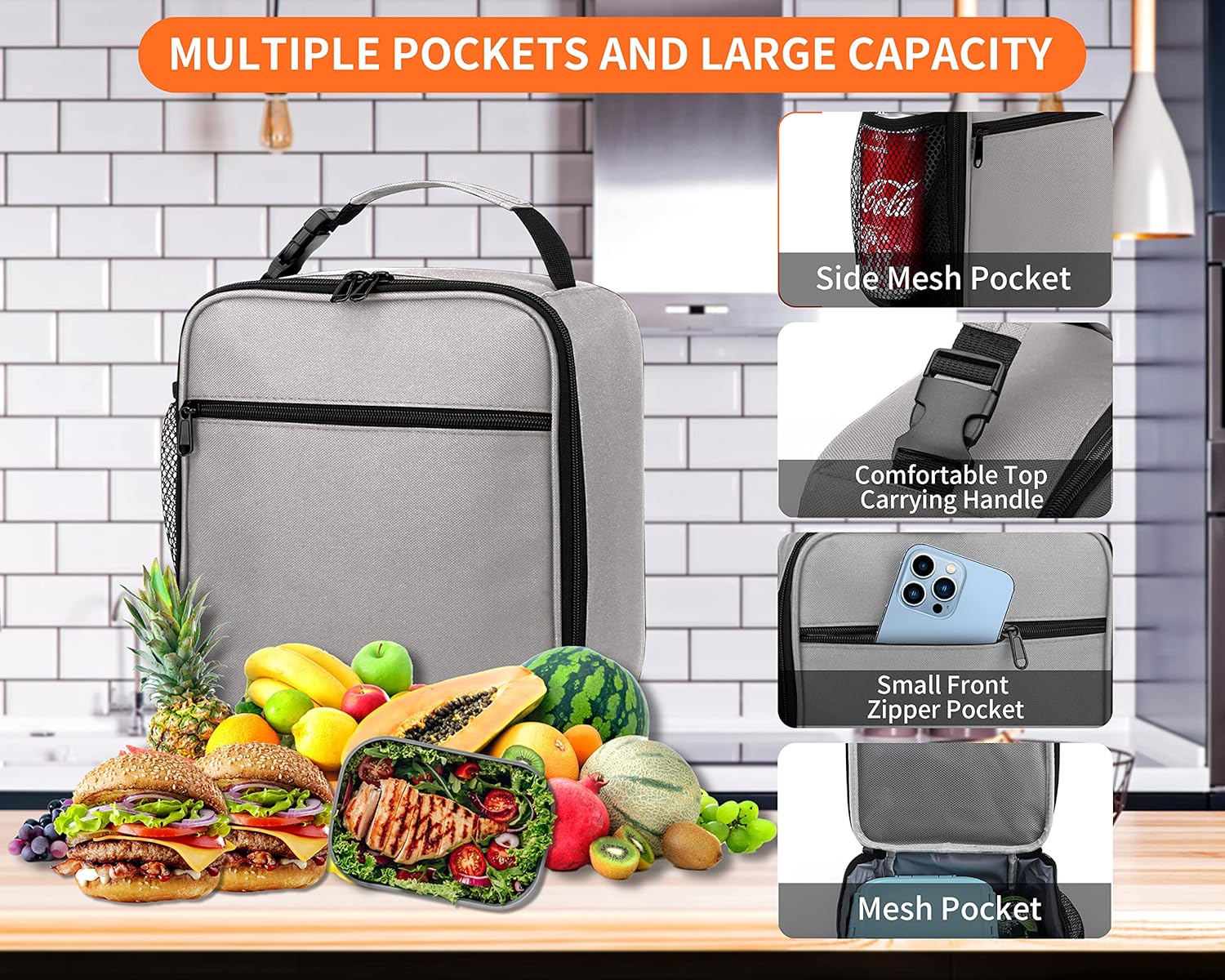 Reusable Lunch Bag Men Adult Women- Insulated Small LunchBox (Light Gray)
