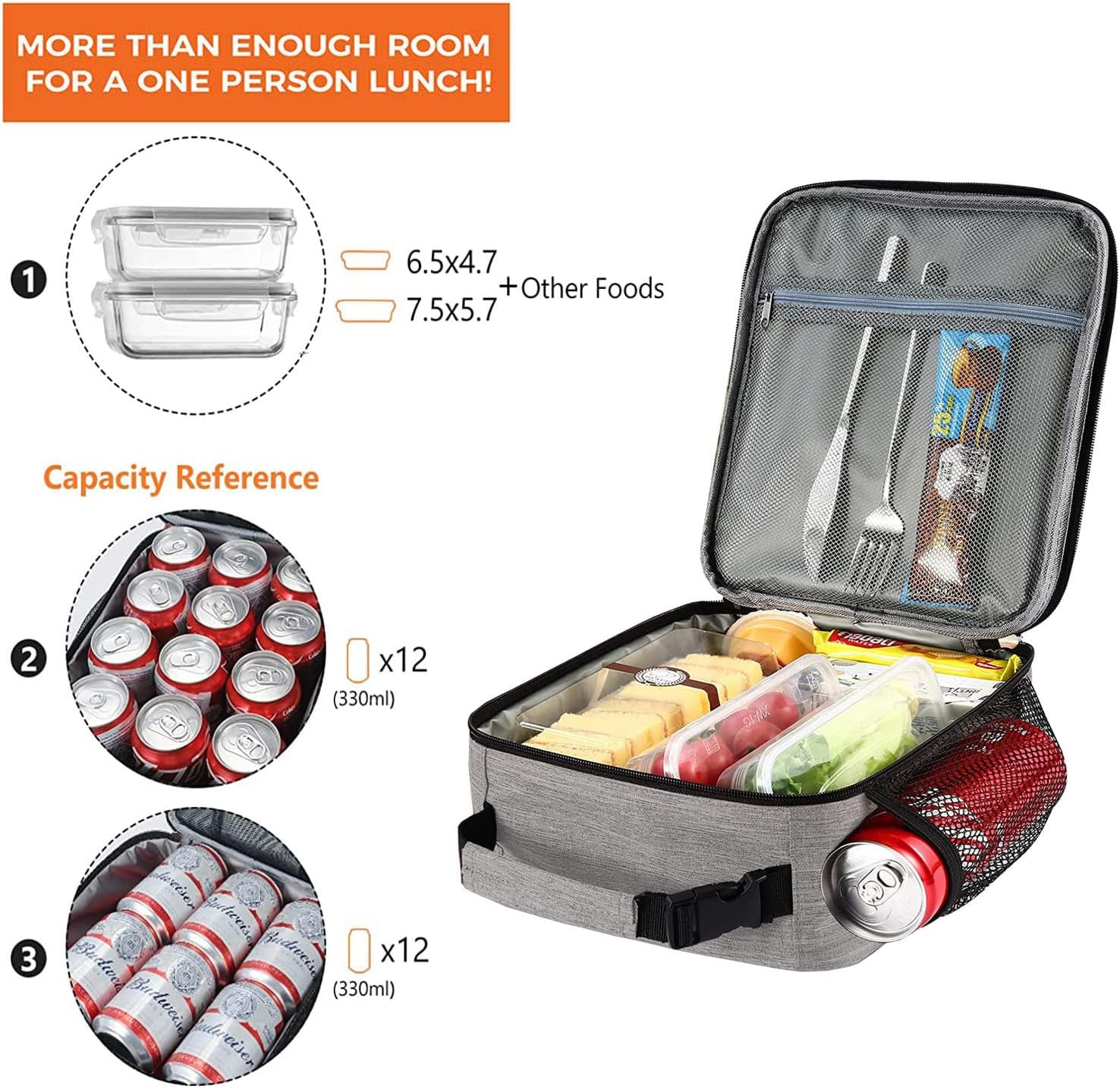 Reusable Lunch Bag Men Adult Women- Insulated Small LunchBox (Light Gray)