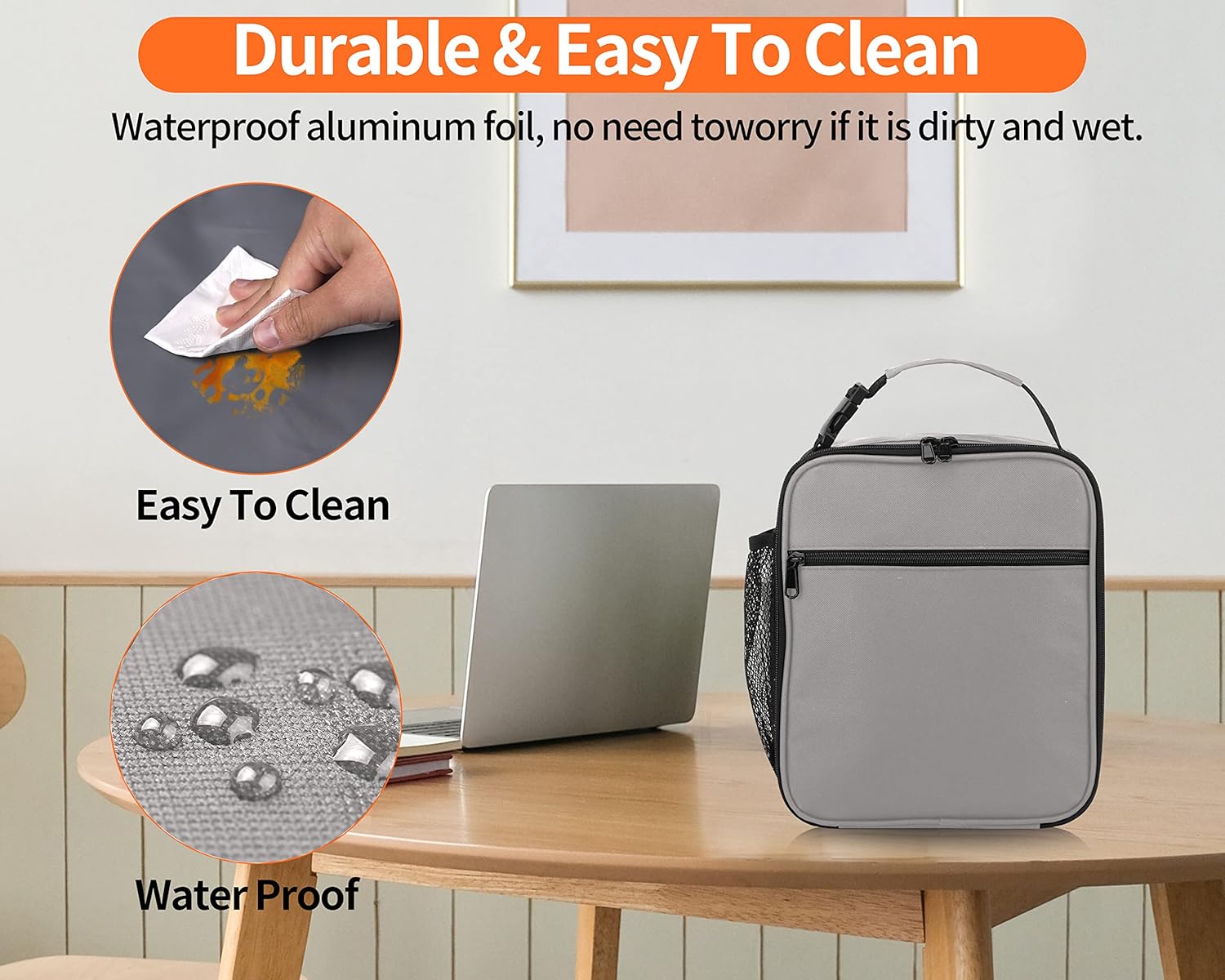 Reusable Lunch Bag Men Adult Women- Insulated Small LunchBox (Light Gray)