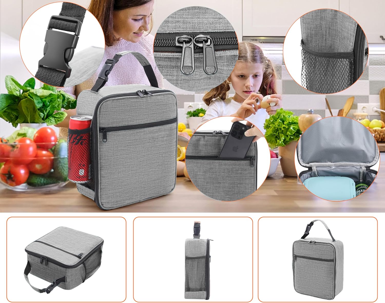 Reusable Lunch Bag Men Adult Women- Insulated Small LunchBox (Light Gray)