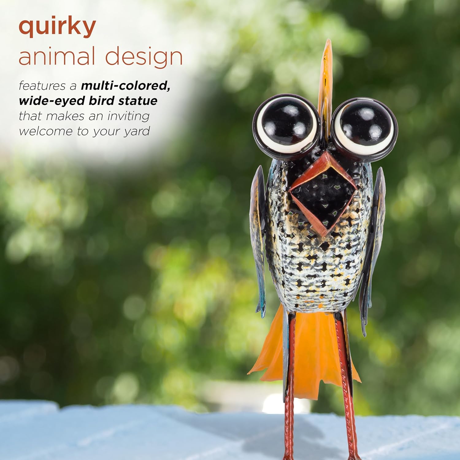 11" Tall Outdoor Metal Wide-Eyed Bird Standing Yard Statue Decoration