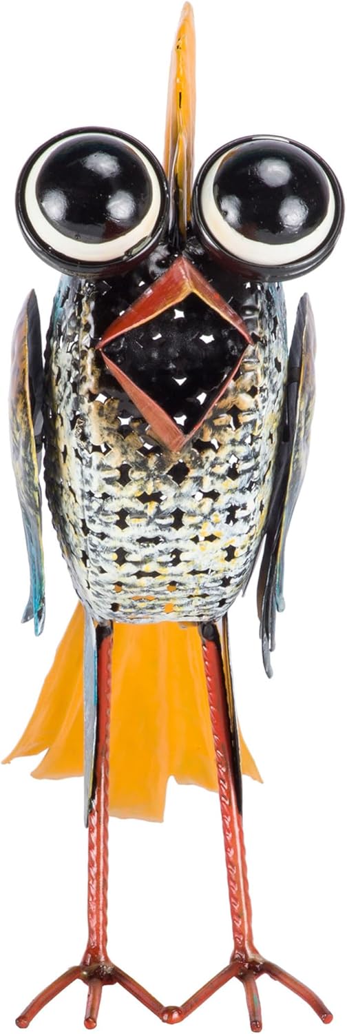 11" Tall Outdoor Metal Wide-Eyed Bird Standing Yard Statue Decoration